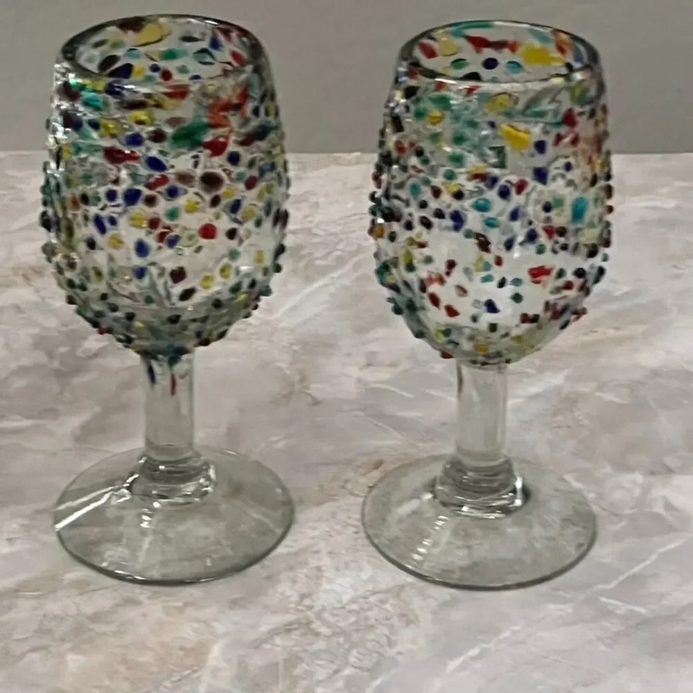 Hand Blown Ball Wine Glasses Colorful Textured Pebble Confetti Design Set of 3